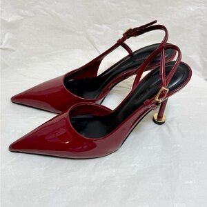 Charles & Keith Wynn Patent Slingback Heels Red Pointed Toe Sculptural EU 35
